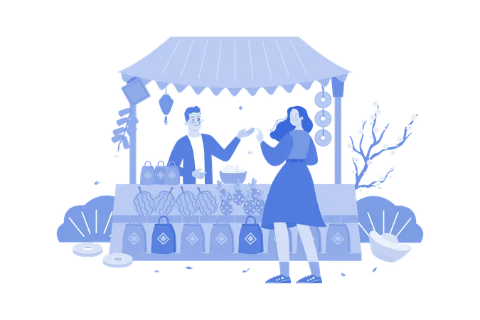 People shopping on Chinese stall  Illustration