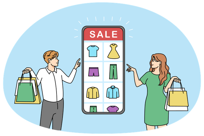 People shopping online on cellphone  Illustration