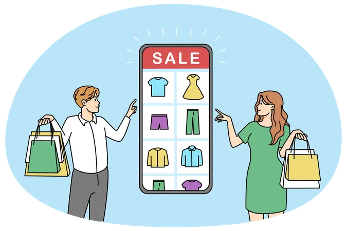 People shopping online on cellphone  Illustration