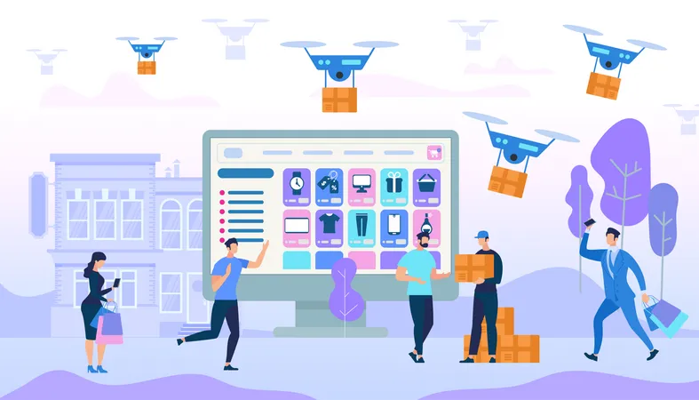 People Shopping purchase and drone delivery on social platform Illustration