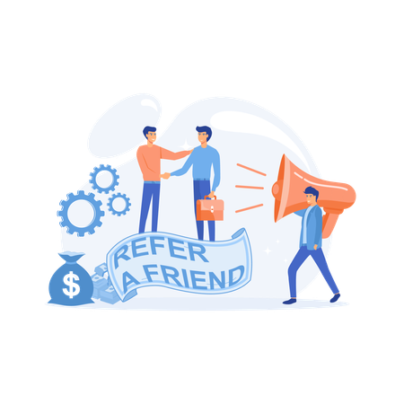 People shout on megaphone to Refer a friend  Illustration