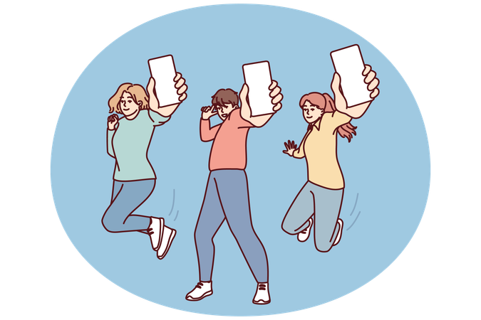 People show screen of mobile phone by stretching their hand to monitor advertising app  Illustration