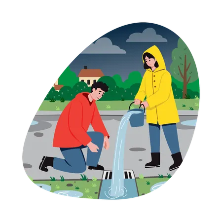 People showing City Life During Rainy Season  Illustration