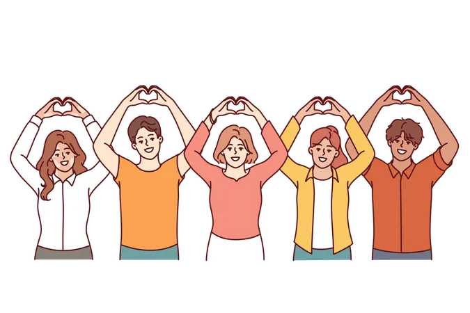 Kind People Volunteers Making Heart Shape With Fingers And Raising Hands Above Heads Men And Women Volunteers Calling To Make Donations To Charitable Foundation To Help Those In Need Illustration