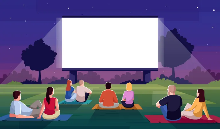 People sit on grass and watch film  Illustration