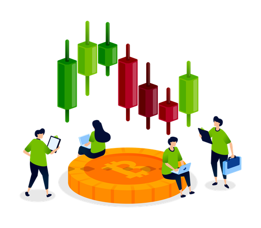 People sit on piles of coins and analyze candlestick charts in the crypto market  Illustration