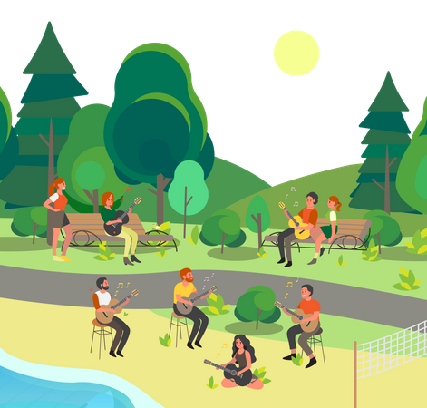 People sitting and playing guitar in park  イラスト