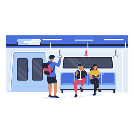 People sitting and standing inside bus transport metro  イラスト