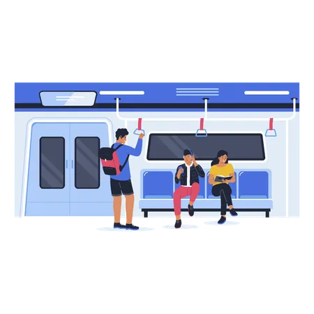 People sitting and standing inside bus transport metro  イラスト