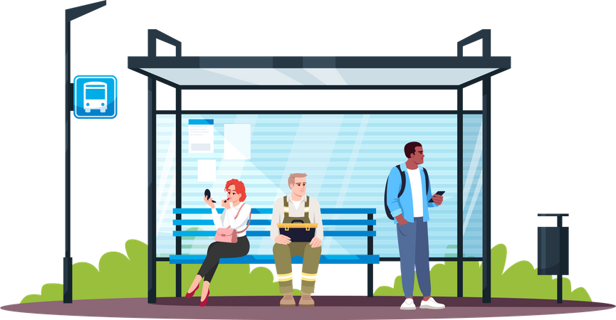 People sitting at bus station Illustration