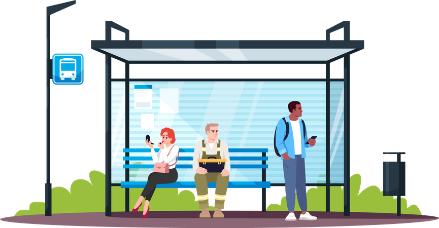 People sitting at bus station  Illustration