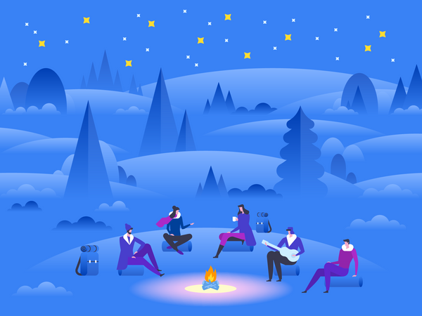 People sitting at camp in winter forest  Illustration