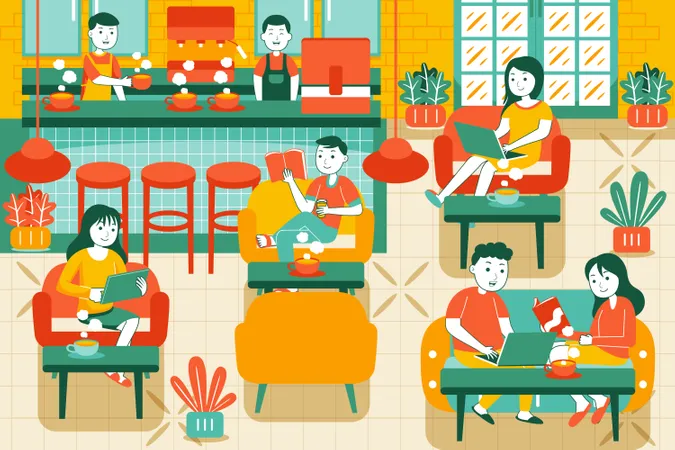 People sitting in cafe  Illustration