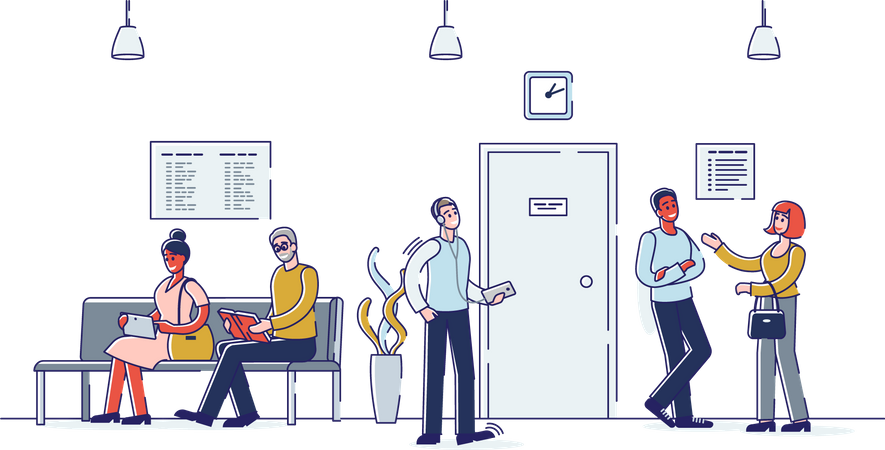 People sitting in hallway wait for job interview Illustration
