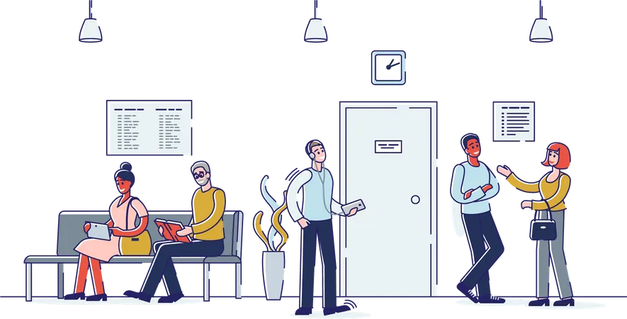 People In Hallway Sitting And Standing Wait For Business Meeting Job Interview Doctor Consultation Waiting Hall Interior Concept Cartoon Men And Women Appointment Linear Vector Illustration Illustration