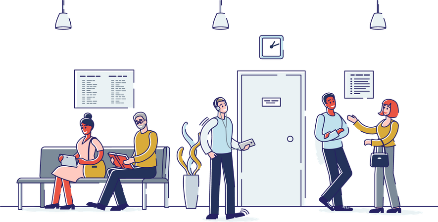 People sitting in hallway wait for job interview  イラスト