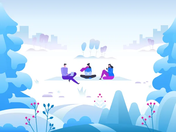 People sitting in winter forest  Illustration