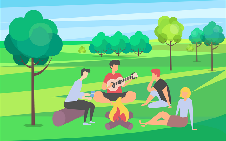 People sitting near campfire  Illustration