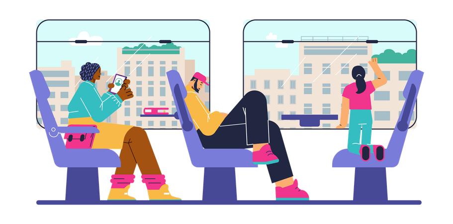 People sitting on chairs in subway train  Illustration