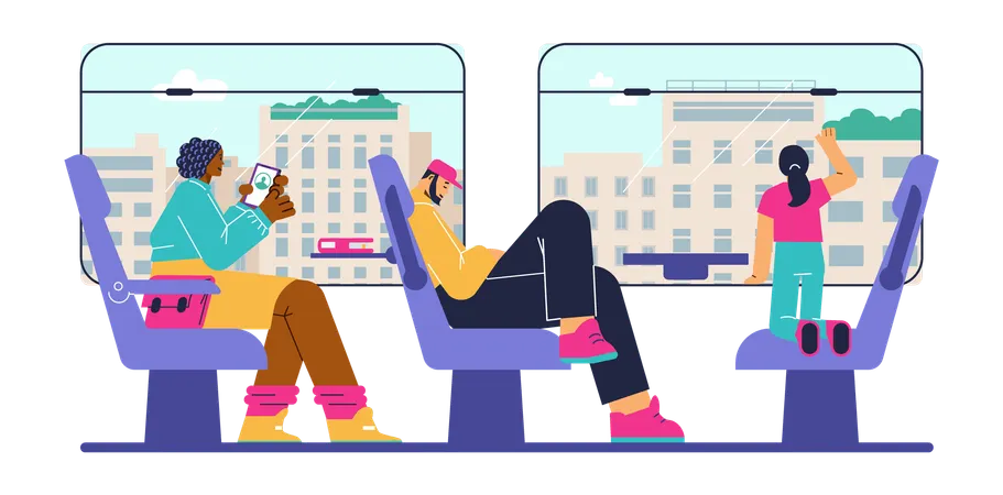 People sitting on chairs in subway train  Illustration