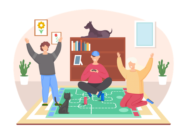 People sitting on floor playing board games Illustration
