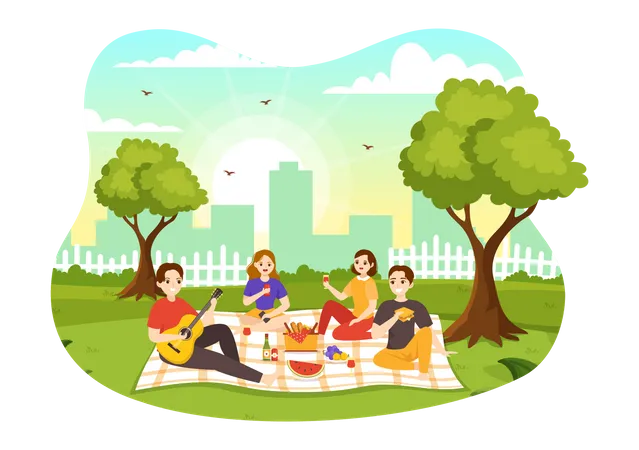 People Sitting on Green Grass in Nature on Summer Holiday  Illustration