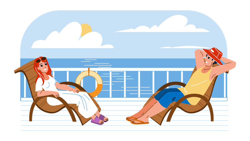 People sitting on ship deck  Illustration