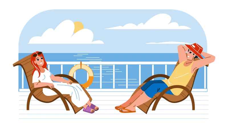 People sitting on ship deck  Illustration