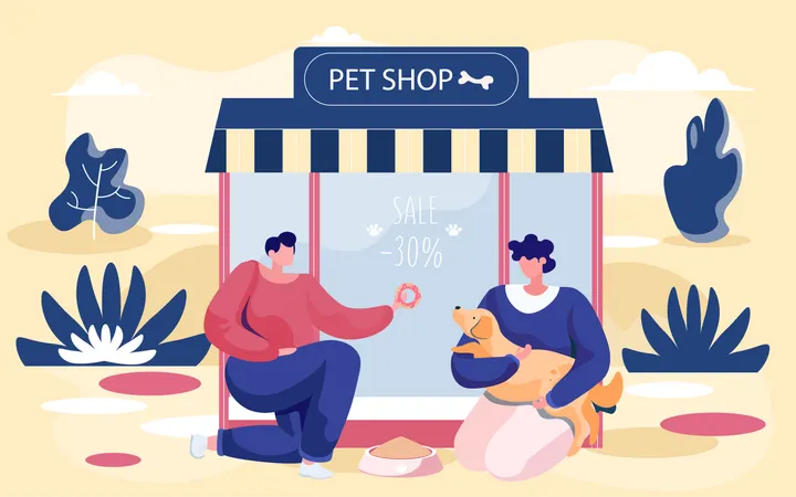 People sitting outside pet shop  Illustration