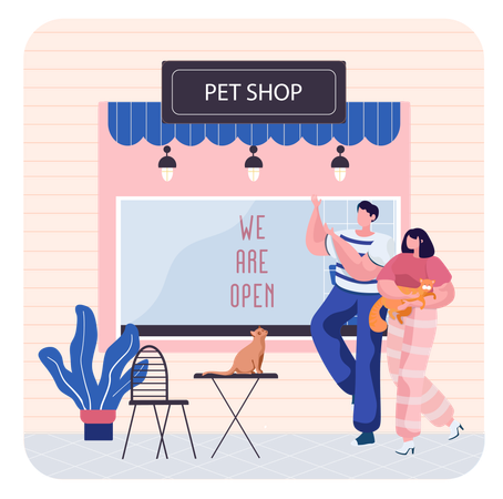 People sitting outside pet shop  Illustration