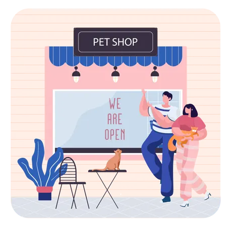 People sitting outside pet shop  Illustration