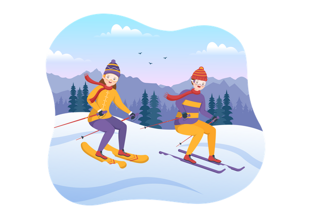 Les gens skient en descente  Illustration