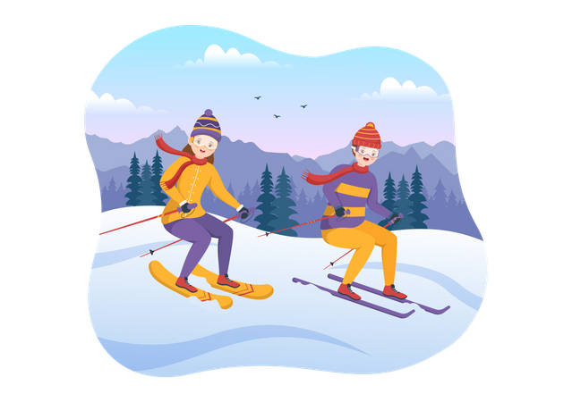 People ski downhill  Illustration