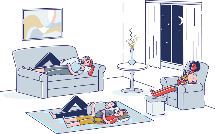 People sleeping in living room Illustration