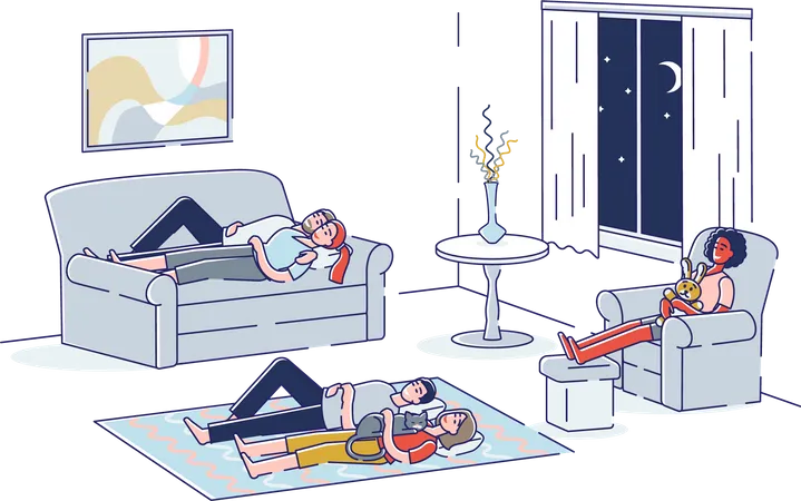 People sleeping in living room  Illustration