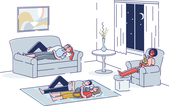 People sleeping in living room  Illustration