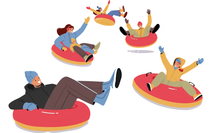 People Sliding Down Slope By Snow Tube At Winter Holiday Men And Women Riding Downhill On Inflatable Donut Sleigh Active Characters On Snowy Hills Outdoor Wintertime Fun Cartoon Vector Illustration 일러스트레이션