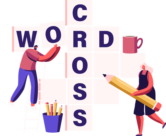 People solving crossword riddle in spare time Illustration