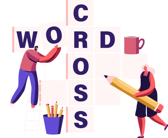 People solving crossword riddle in spare time Illustration