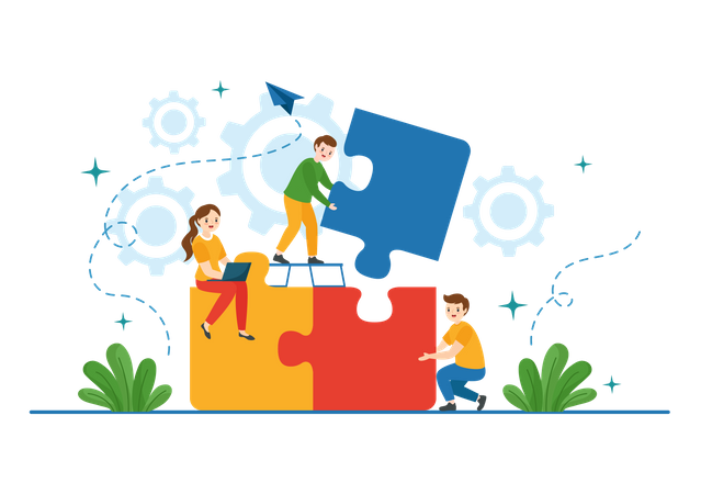 People solving jigsaw puzzle together  Illustration