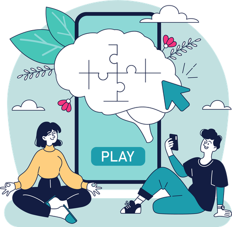 People solving puzzle in mobile app  Illustration