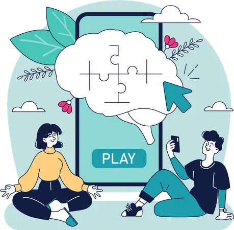 People solving puzzle in mobile app  Illustration