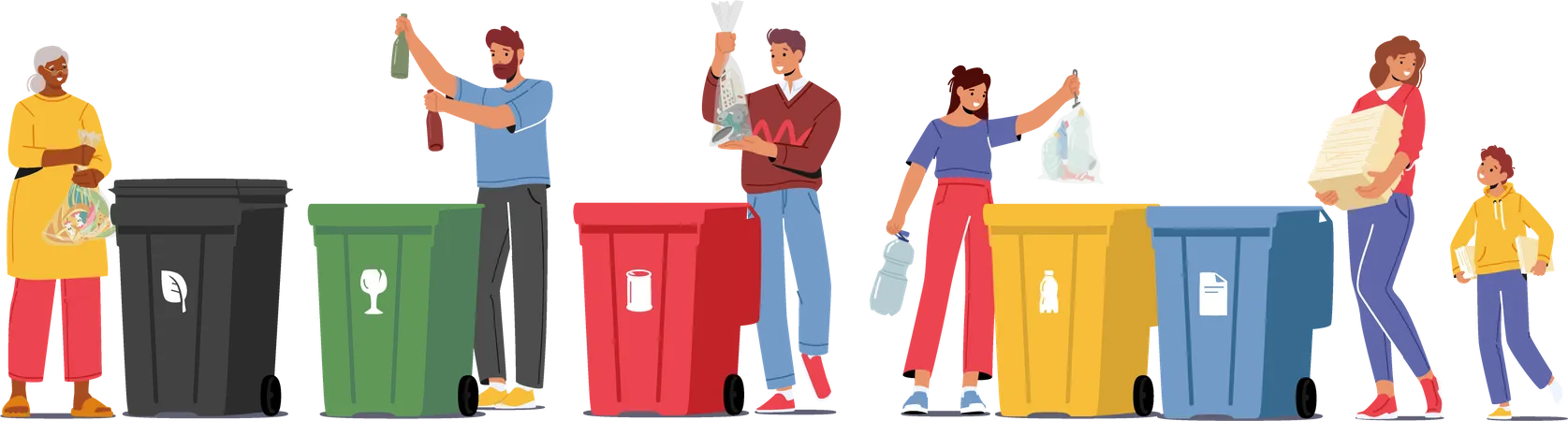 People Sorting Garbage Into Different Containers For Separation Illustration