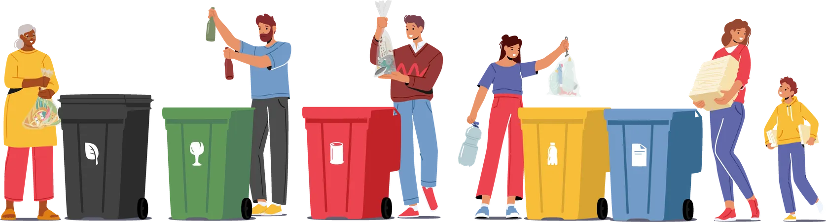 People Sorting Garbage Into Different Containers For Separation  Illustration