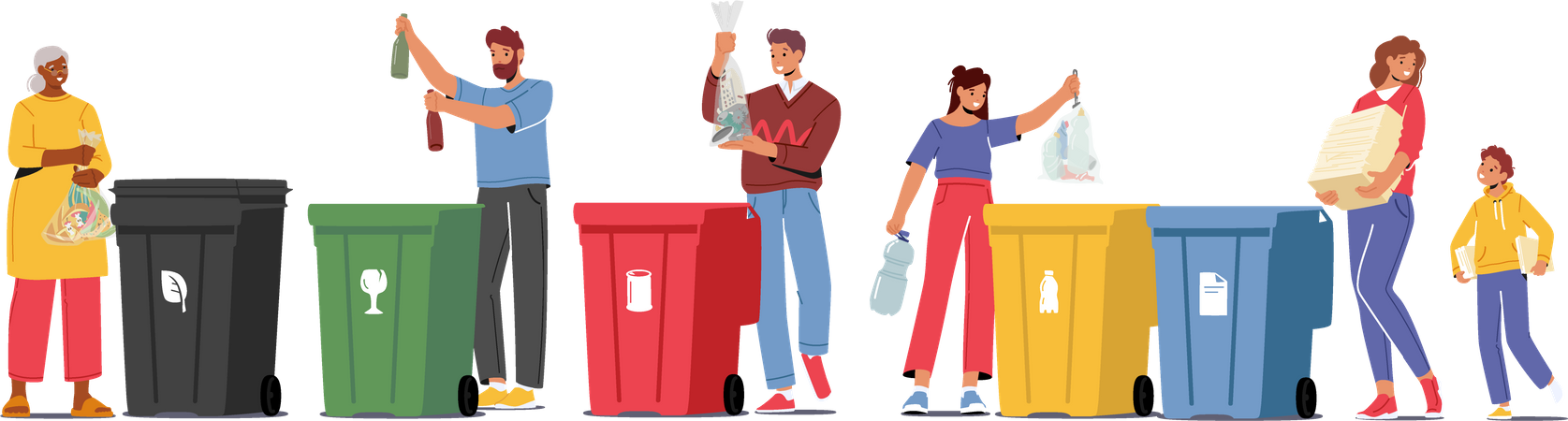 People Sorting Garbage Into Different Containers For Separation  Illustration