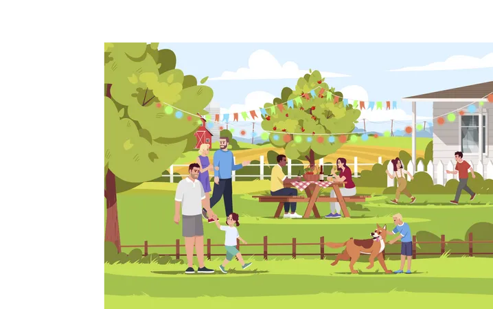 People Spending Holiday In Village Semi Flat Vector Illustration Summer Countryside Picnic Children Playing Outdoors Landscape Background 2 D Cartoon Characters For Commercial Use Illustration