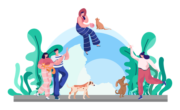 People spending time with pet Illustration