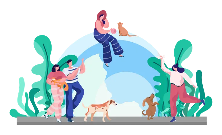 People spending time with pet Illustration