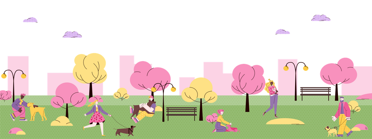 People spending time with their pet in park Illustration