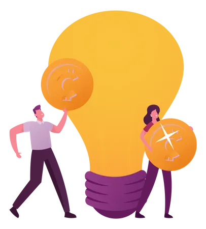 Tiny Male And Female Characters Carry Golden Money Coins At Huge Glowing Lightbulb People Sponsoring Creative Business Start Up Project Crowdfunding Philanthropy Concept Cartoon Vector Illustration 일러스트레이션